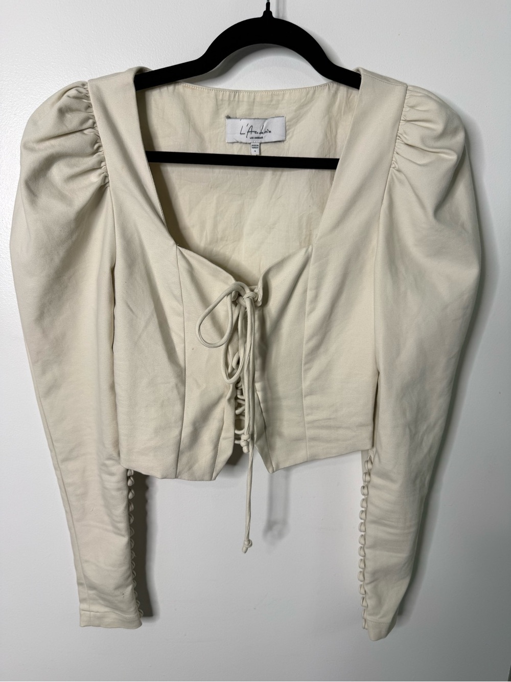 L’Academie The Duffy Ivory Corset Lace Up Crop Top Puff Sleeve Button Detail